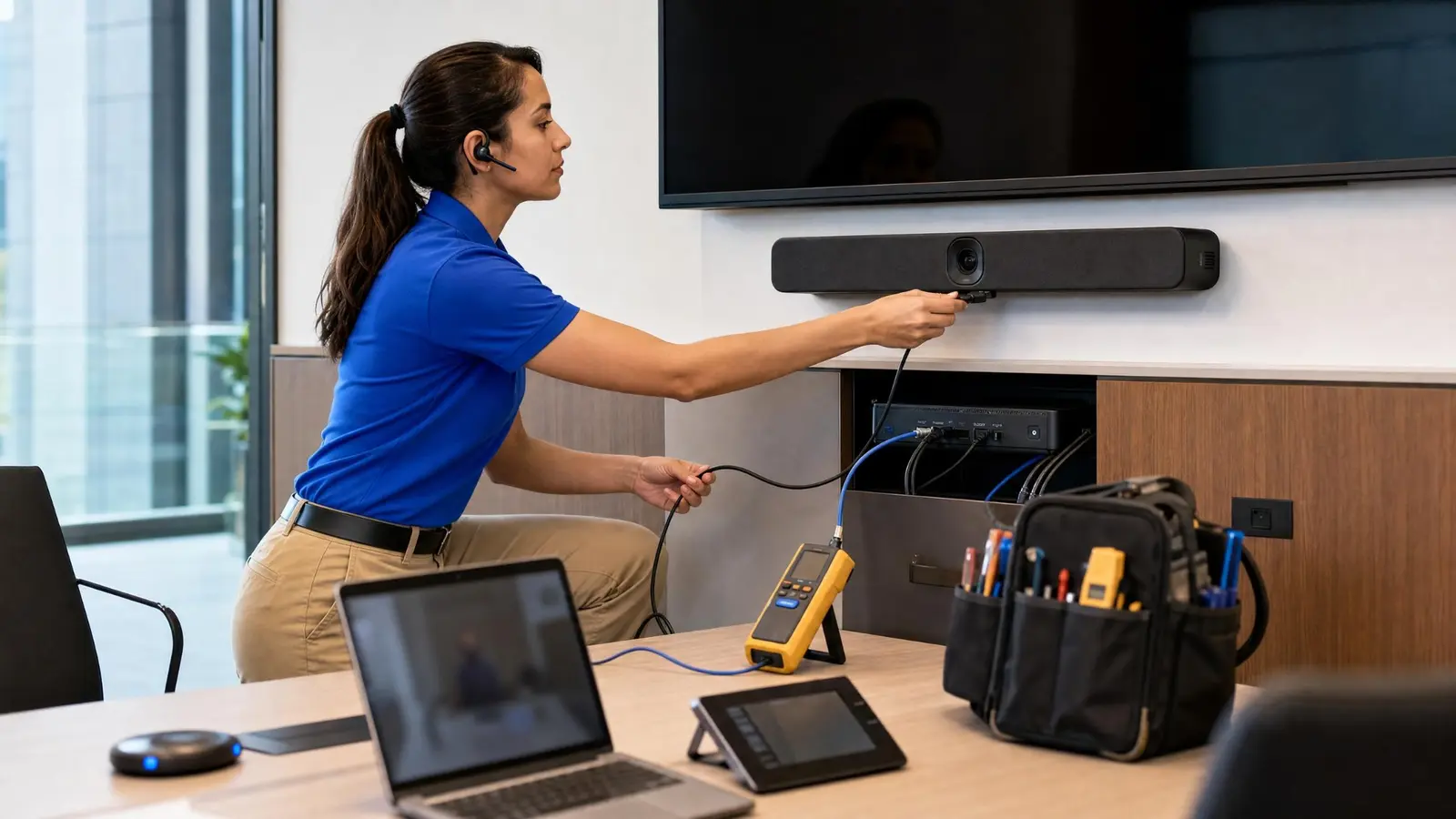 Field technician testing video-conferencing equipment at a client location